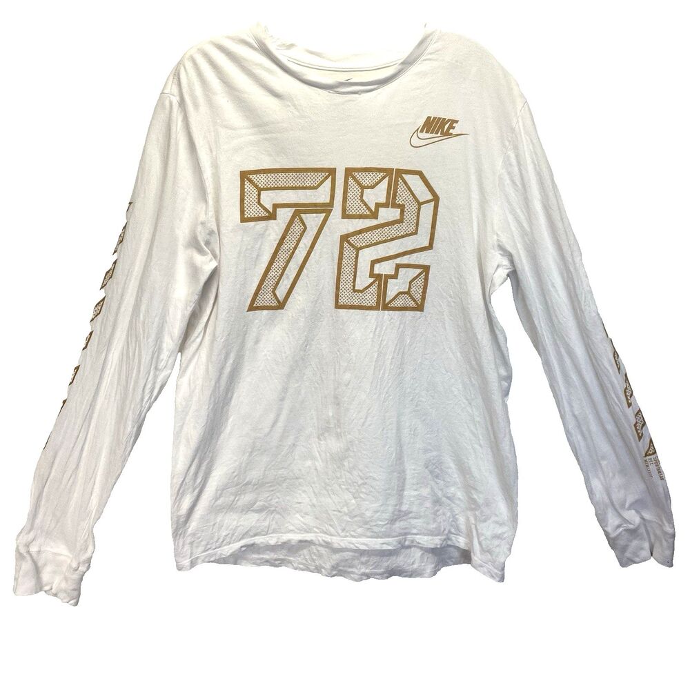 Nike Men's Large The Nike Tee Athletic Cut 72 Graphic White Long Sleeve FLAW